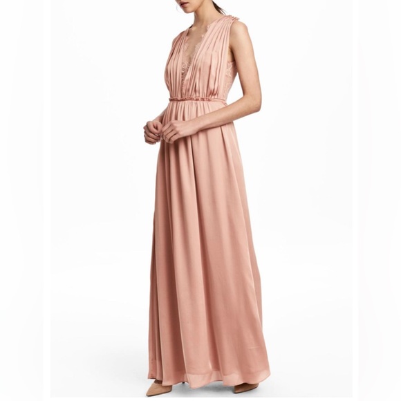 Womens H&M silky satin long powder pink dress Sz 10 - Picture 1 of 14